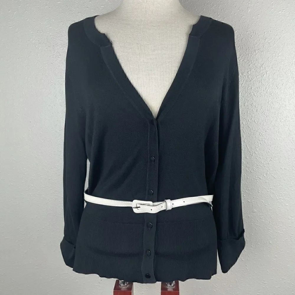 NWT Sharagano Black Cardigan Sweater and White Belt Size L